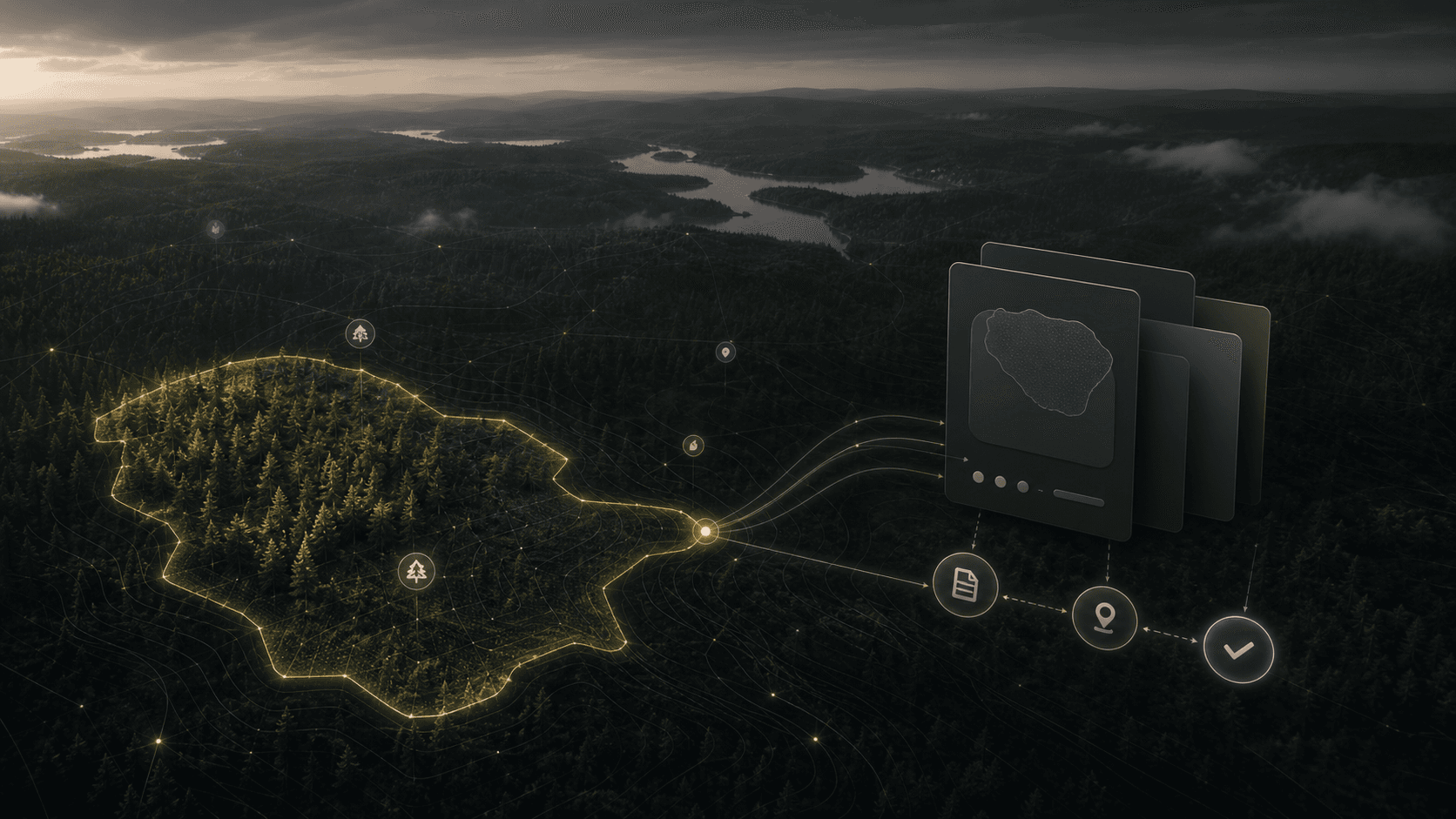 Generated visual Forest OS с выделенным полигоном, аналитическими сигналами и переходом к следующему действию