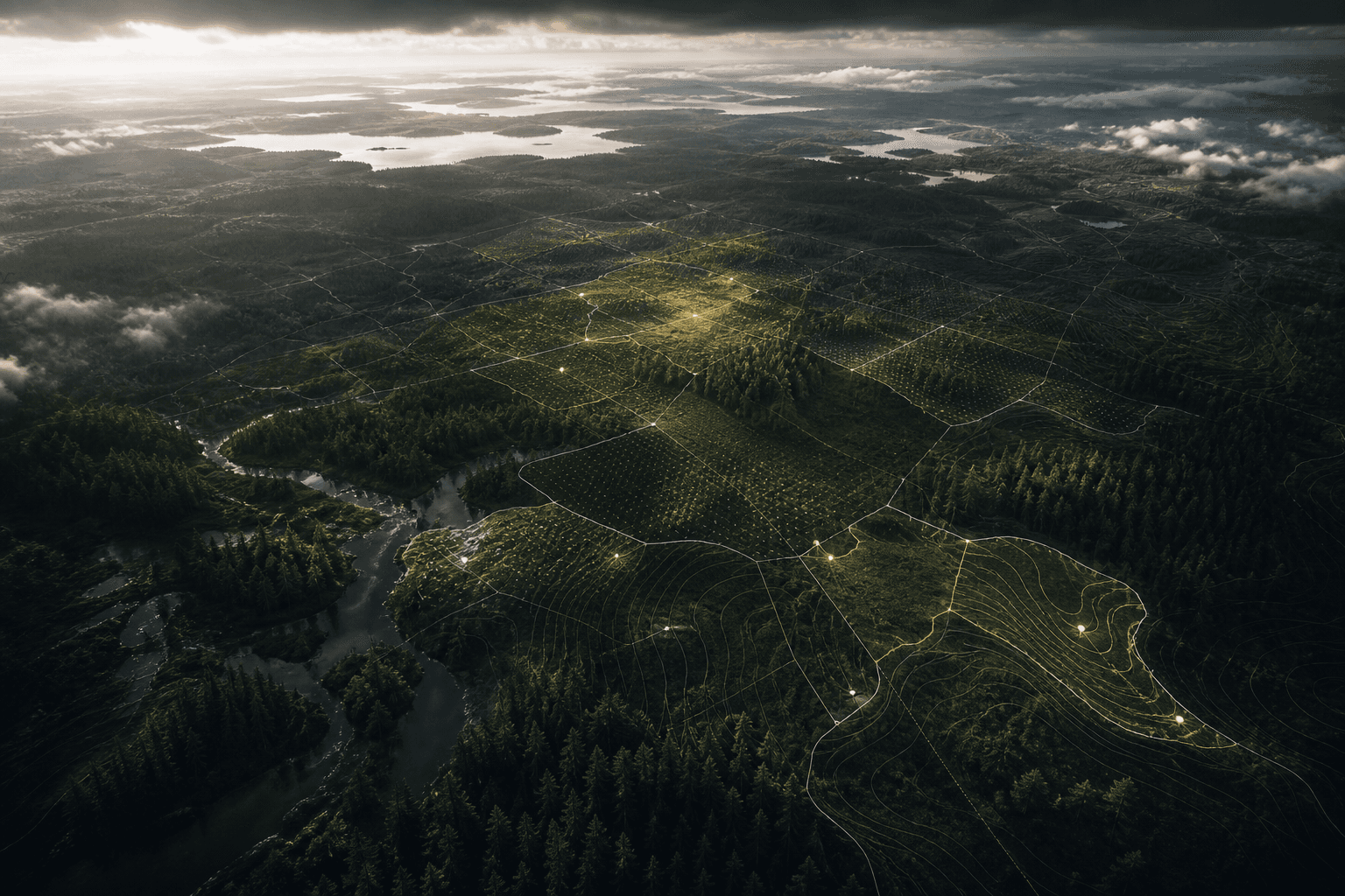 Визуал Forest OS с лесной территорией, контурами и аналитическими слоями